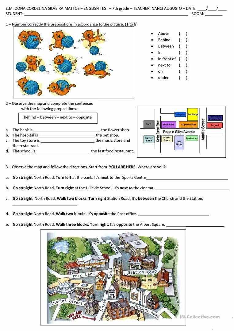 Complete the sentences using the right preposition. Prepositions of place city. prepositions of place and direction worksheets. places in town prepositions. places directions worksheet.