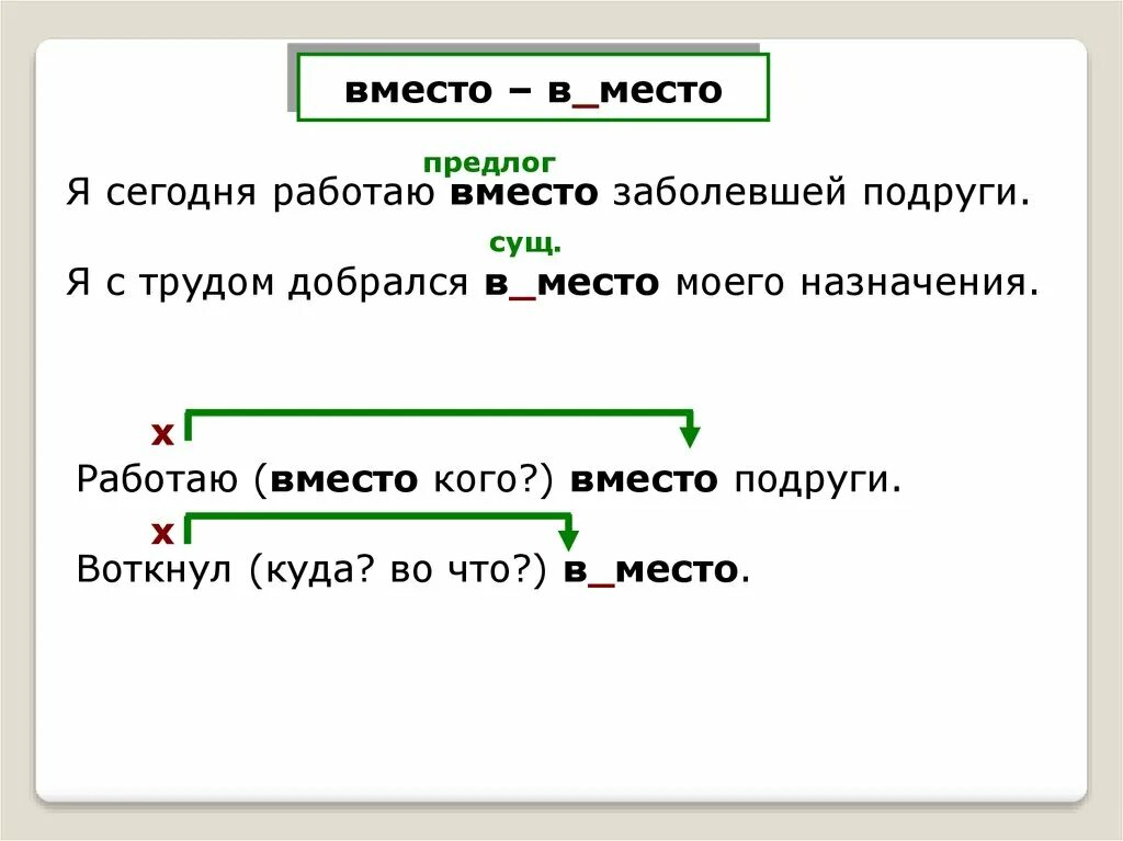 Заместо это. Предлоги места. Вместо предлог. Как писать в место или вместо. Вместо как предлог.