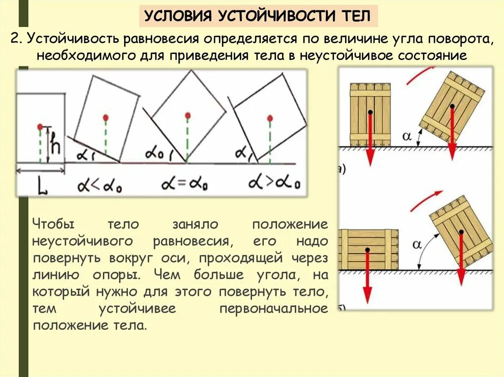 Определение равновесия тела. Центр тяжести условия равновесия тел. Условия устойчивости равновесия. Устойчивость тел это в физике. Условие устойчивого равновесия тела.