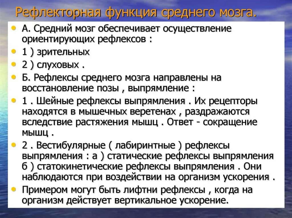 Рефлексы головного мозга примеры. Рефлекторная функция головного мозга промежуточный. Средний мозг пример функции. Средний мозг рефлексы. Рефлекторная функция среднего мозга.