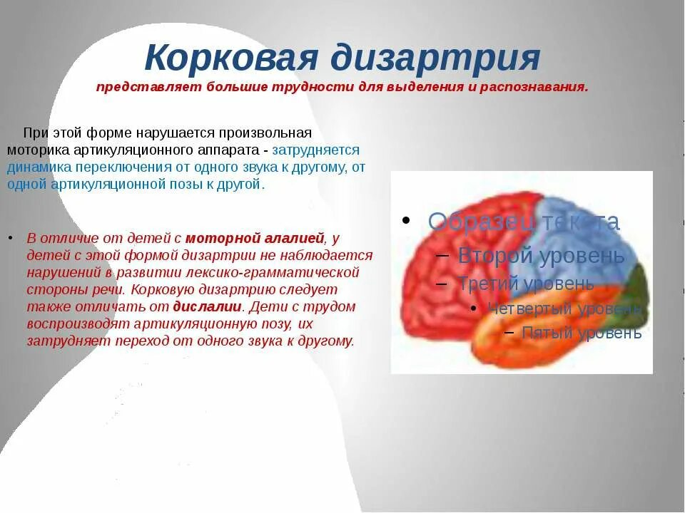 Признаки дезорганизации головного мозга. Корковая форма дизартрии. Корковая дизартрия у детей. Корковая дизартрия симптомы. Корковая кинетическая дизартрия.