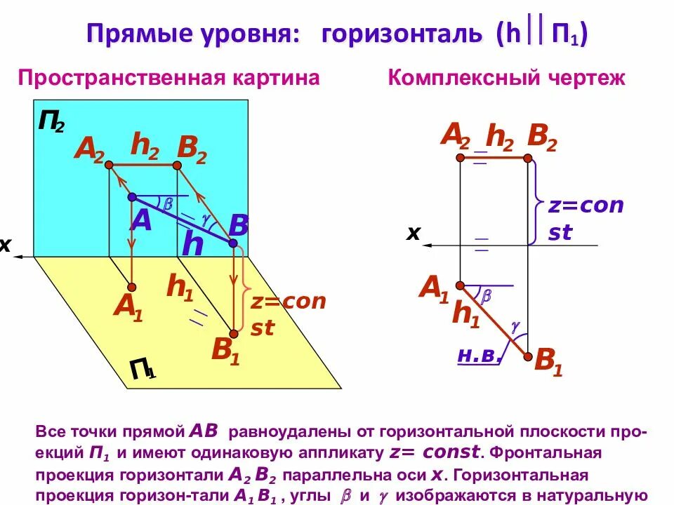 Где горизонталь. Прямая параллельная горизонтальной плоскости п2. фронтально-проецирующая прямая параллельна п1 и п2. горизонтально-проецирующая прямая параллельна п1 и п2. проекция горизонтальной прямой, параллельная оси.