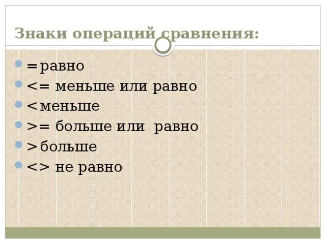 Меньше б. Больше или равно. а меньше или равно б. не менее или равно. не больше или равно.