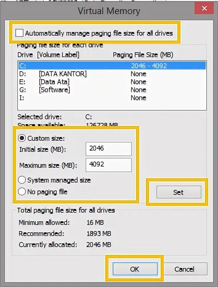 Paging file size. Paging file.
