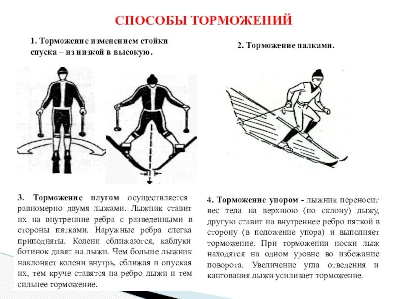 Торможение махом. Торможение плугом и полуплугом. Техника торможения и поворотов плугом на лыжах. Основные виды торможения на лыжах.