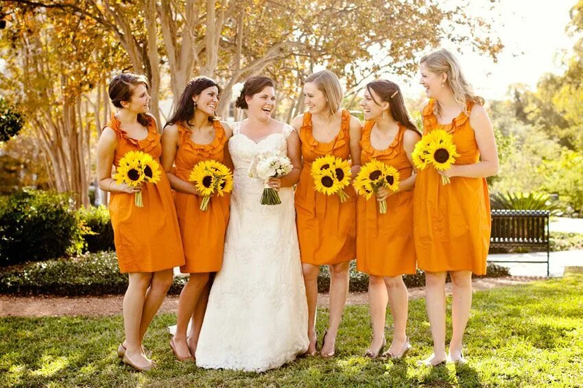 Какой цвет платья невесты. Подружки невесты в оранжевом. Оранжевое платье на свадьбу. Свадьба в оранжевом стиле. Подружки невесты осенью.
