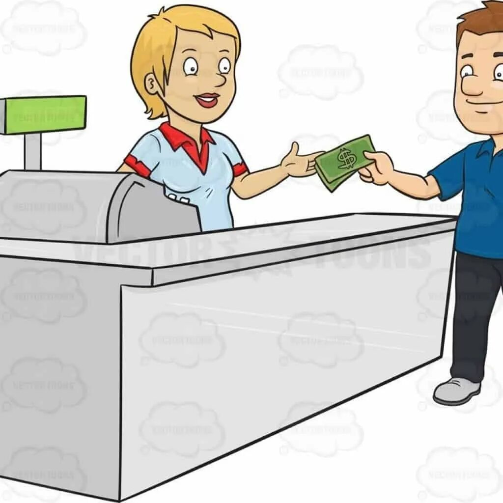 Продавец сдает сдачу. Продавец и покупатель. продавец иллюстрация. продавец мультяшный. человек на кассе.