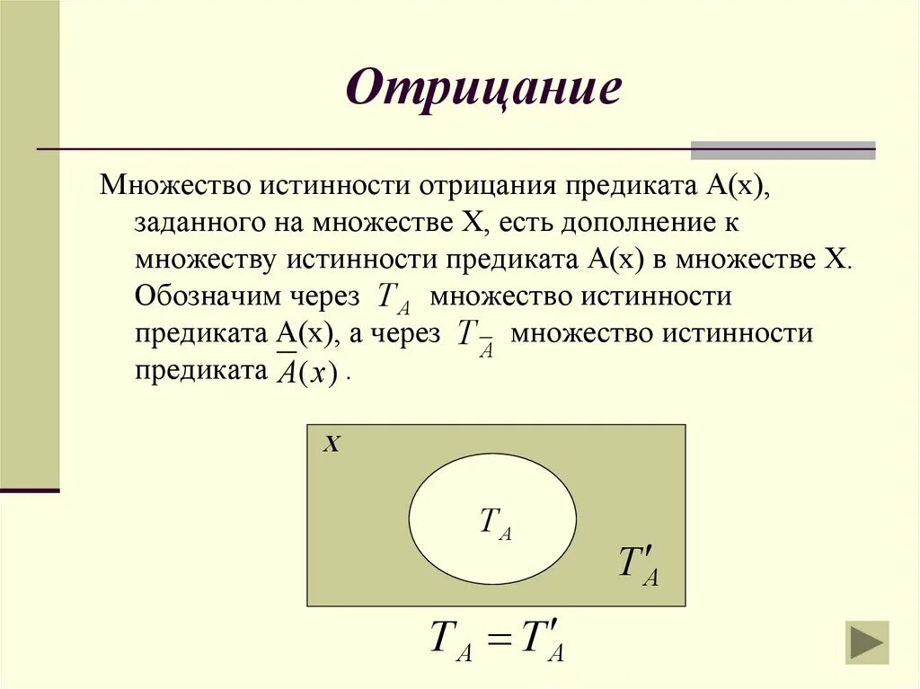 Плотное множество. Отрицание множества. Множество истинности. Множество истинности предиката. Операции над множествами отрицание.