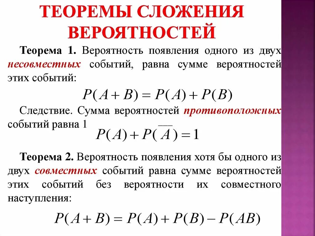 Сложение вероятностей несовместимых событий. Теорема сложения вероятностей (формулировка, формула).. Сумма событий в теории вероятности. Теория сложения вероятностей. Доказательство формулы сложения вероятностей.