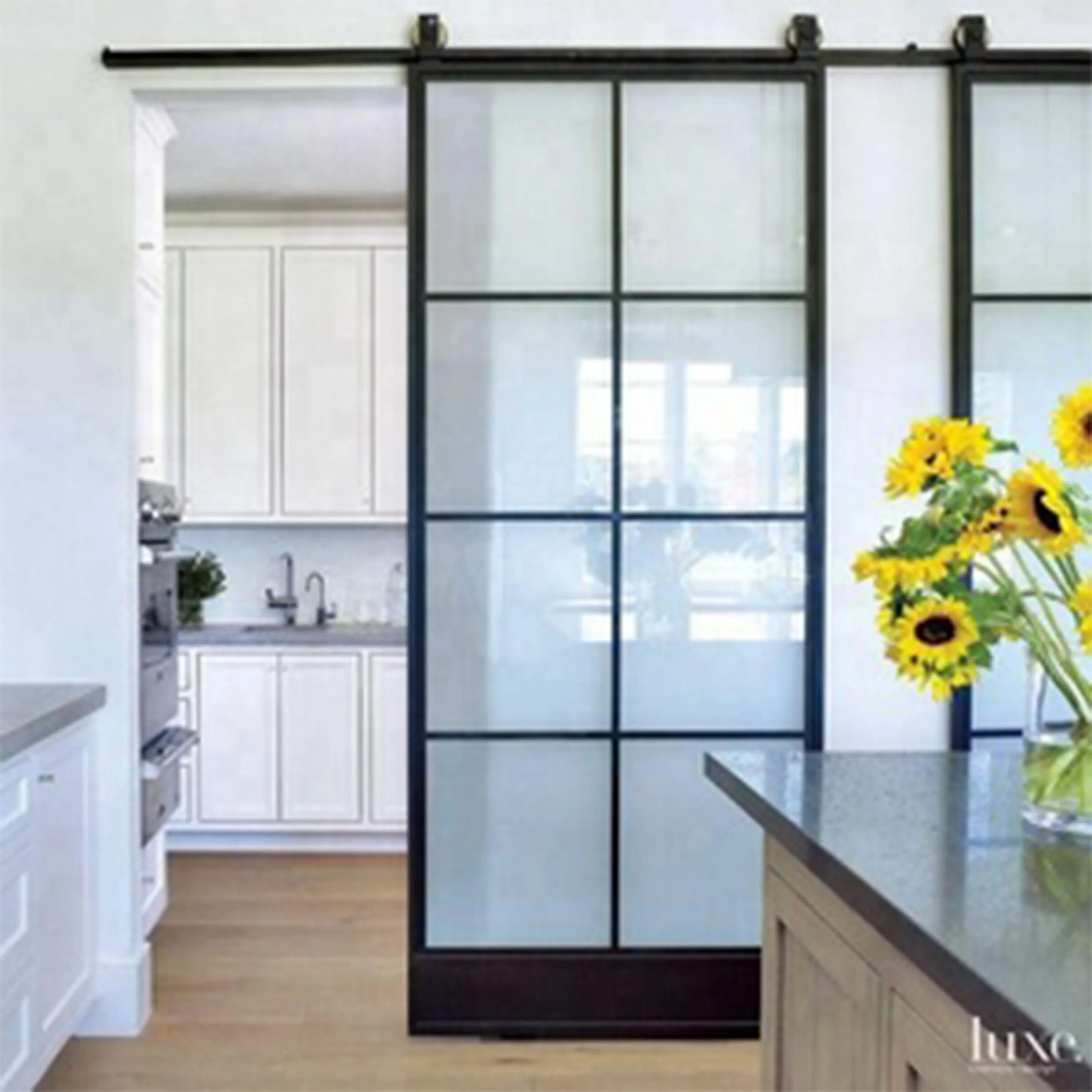 Single Sliding Door & Wall Track - Vancouver 4 Pane Ash Grey Door - Clear Glass 