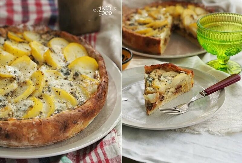 Пирог картошка с колбасой. Киш с грушей и голубым сыром. национальный эстонский картофельный пирог в ресторане. эстонский картофельный пирог в ресторане.