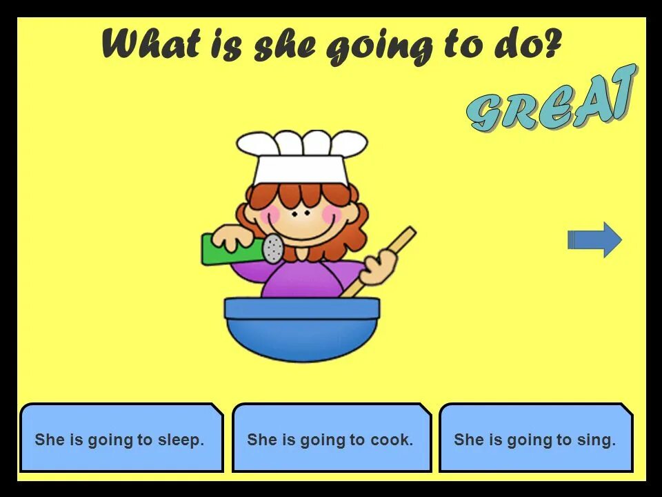 She was going places. She is going to. To be going to she is going to. She is going to Sleep. What are going to do.