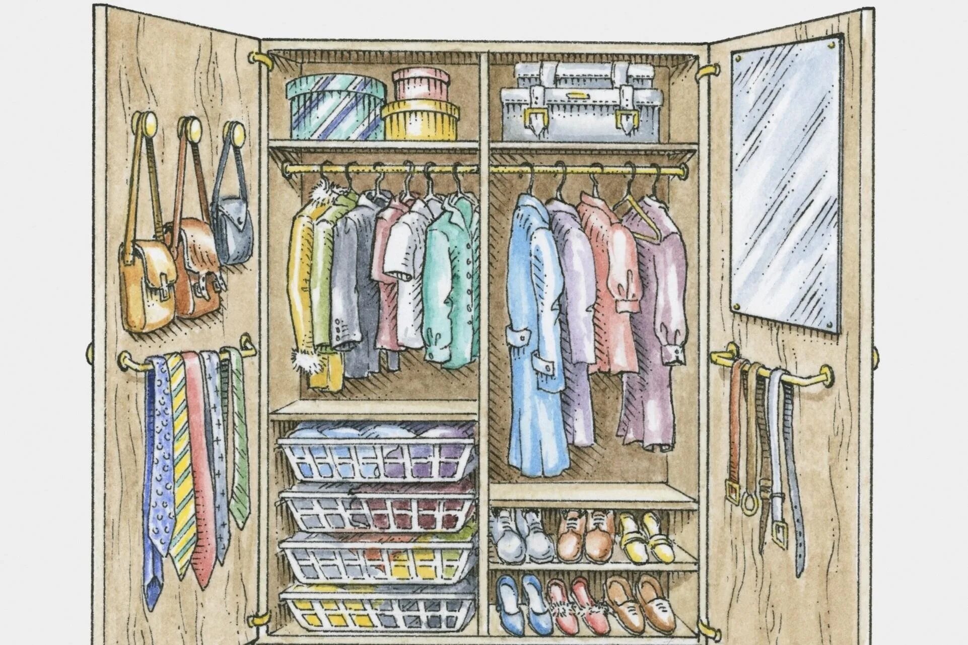 Как разместить человека. Шкаф для одежды. Шкаф с вещами. Расположение вещей в шкафу. Нарисованный шкаф с одеждой.