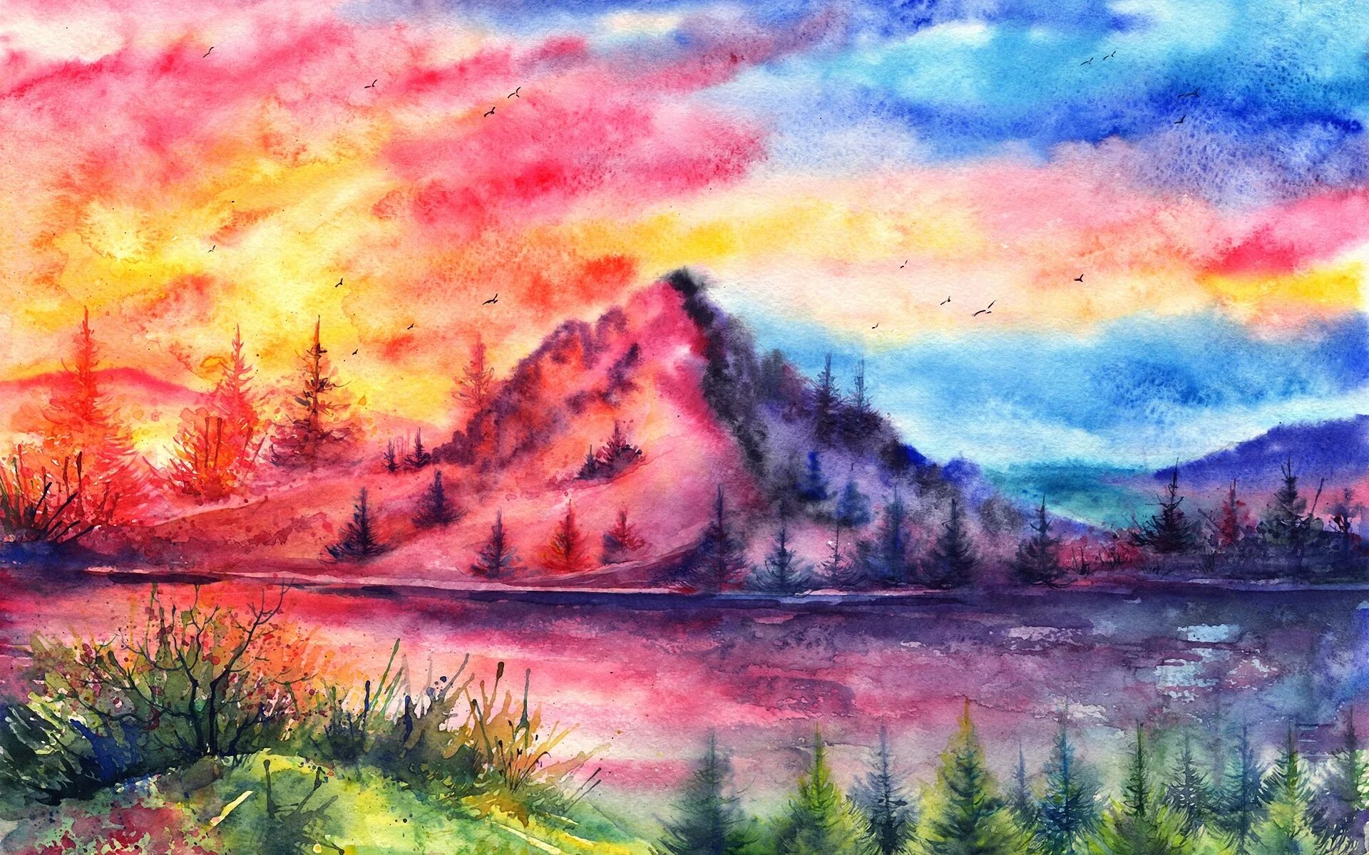 Painted landscape. Пейзаж акварелью. Пейзаж цветными карандашами. Пейзажи для срисовки. Пейзаж гуашью.