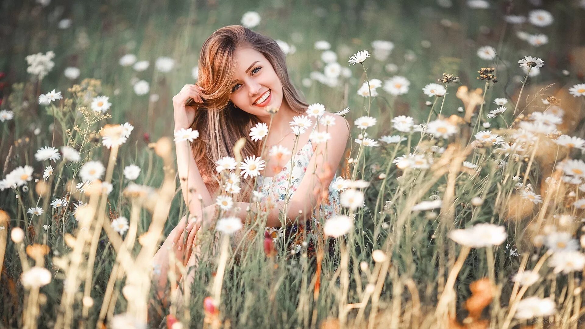Милые добрые нежные дамы. Девушка в цветущем поле. Девушка с ромашками. Счастливая девушка с цветами. Фотосессия в поле.