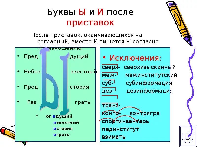 Сверх без дез. Правописание приставок буквы и ы после приставок. Правописание гласных букв и ы после приставок на согласную. Буквы и ы после пристав. И Ы после приставок искл.