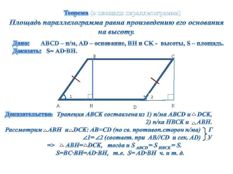 Конспект по геометрии 8 класса площадь параллелограмма. Формулы для нахождения площади параллелограмма доказательство. теорема о площади параллелограмма 8 класс. теорема площадь параллелограмма с доказательством 8 класс. геометрия теорема площадь параллелограмма.