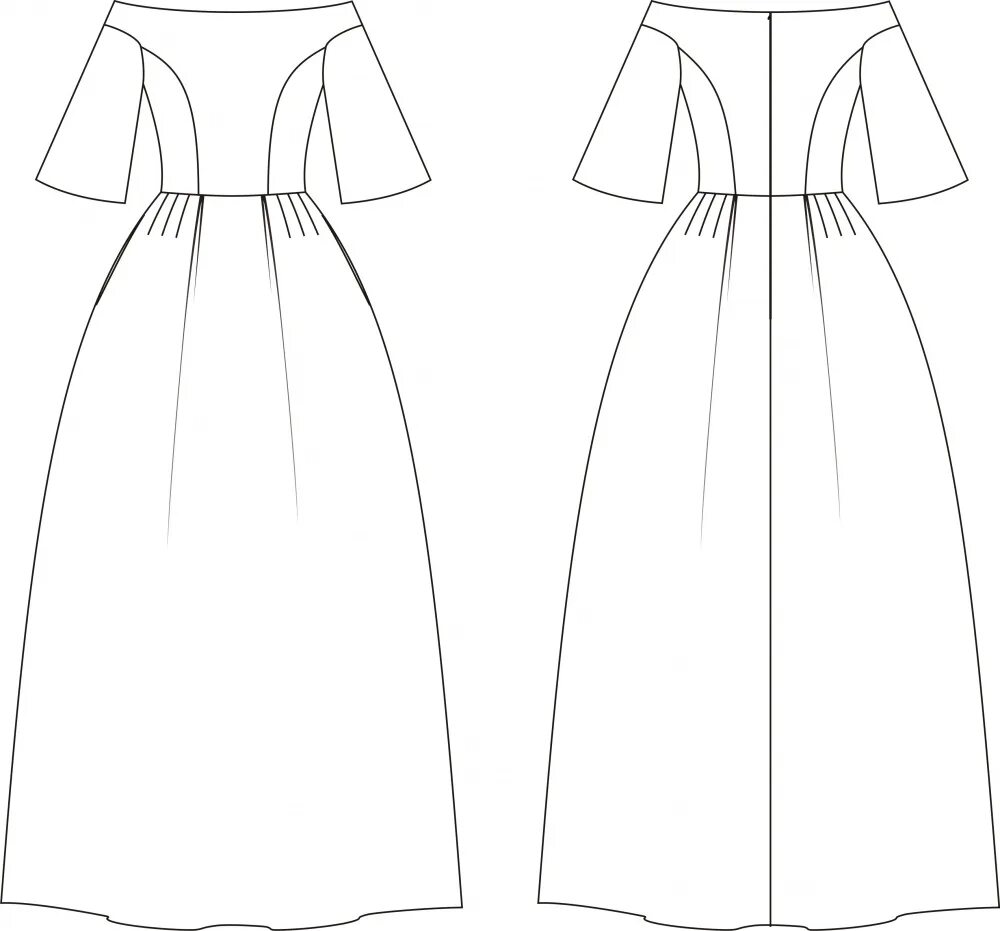 Выкройка белое платье. Технический рисунок платья. Технический эскиз платья. Платье со встречными складками. Платье с отрезной талией.