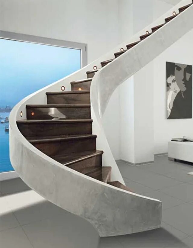 Круглая лестница. Полукруглая современная лестница. Изогнутая лестница. Дизайнерские бетонные лестницы.