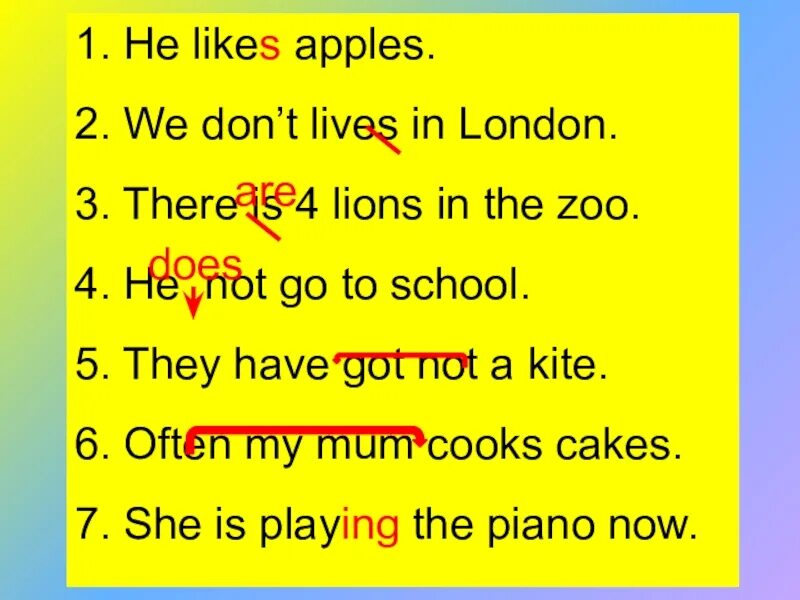 Does she like apples. He to like apples. he likes apples.. he likes. she likes apples.