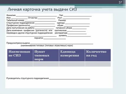 Карточка учета сиз 2021