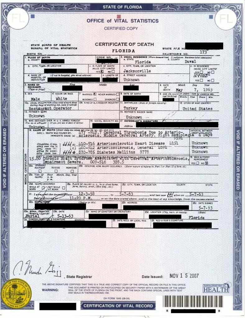 Death Certificate Florida. Death Certificate USA. Certification of Death Florida. Death Certificate Florida USA.