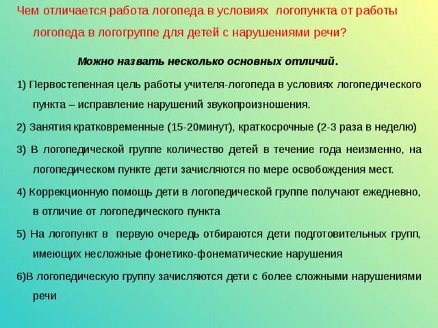 Минусы логопедической группы. Организация работы в условиях логопункта. Различия в логопедии. Логопункт отличие от группы. Логопедический пункт.