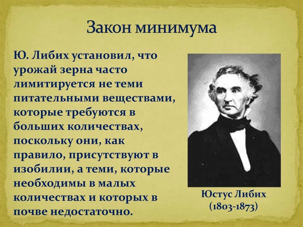 Закон минимума в экологии. Юстус Либих. 1803–1873.. Юстус фон Либих (1803—1873). Химик Юстус Либих. Ю Либих открытия.