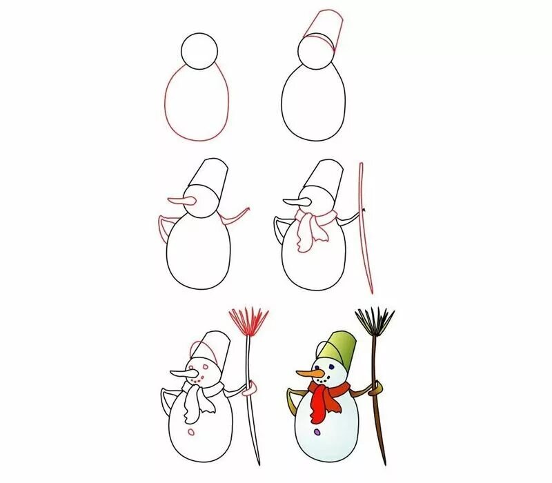 Что нового можно нарисовать. Поэтапное рисование снеговика. Пошаговые рисунки на новый год. Пошаговое рисование снеговика. Снеговик этапы рисования.
