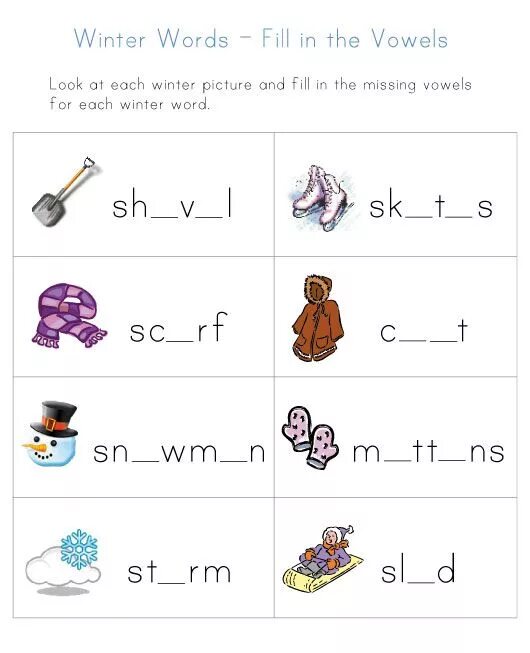 Complete the missing vowels. Задания по английскому языку зима. Задания про зиму на английском языке. Winter Words Worksheets. Winter Words for Kids.