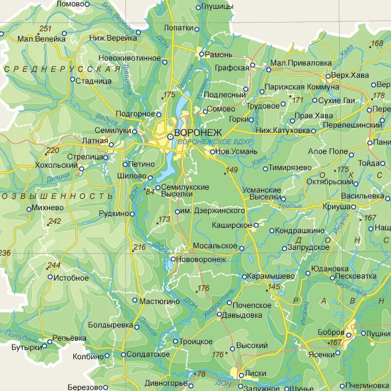 Города которые находятся в воронежской области. Карта Воронежской области. Физическая карта Воронежа. Воронежская область на карте России. Воронеж. Карта области.