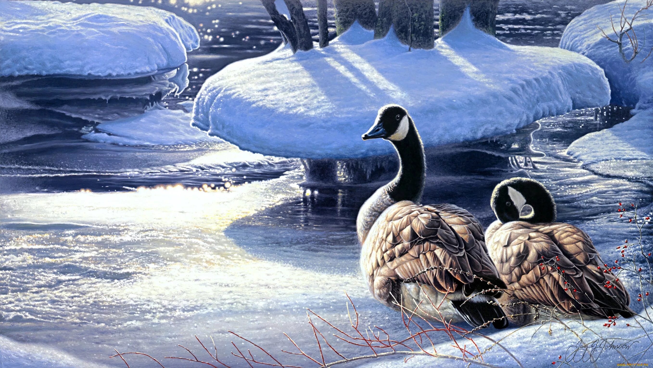 Лебедь лось. Зима живопись. Пейзажи с животными и птицами. Пейзаж с лебедями. Пейзаж с животными живопись.
