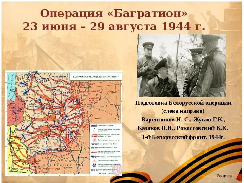 1 июня 1944. Операция Багратион по освобождению Белоруссии. Белорусская операция (23 июня — 29 августа 1944 г.).. Белорусская стратегическая наступательная операция Багратион.