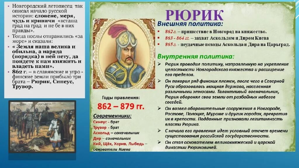 Рюрик даты событий. Рюрик годы правления внутренняя и внешняя политика таблица кратко. Внешняя политика Рюрика 862-879 кратко. Рюрик 862 внутренняя политика. Князь Рюрик основные события правления.