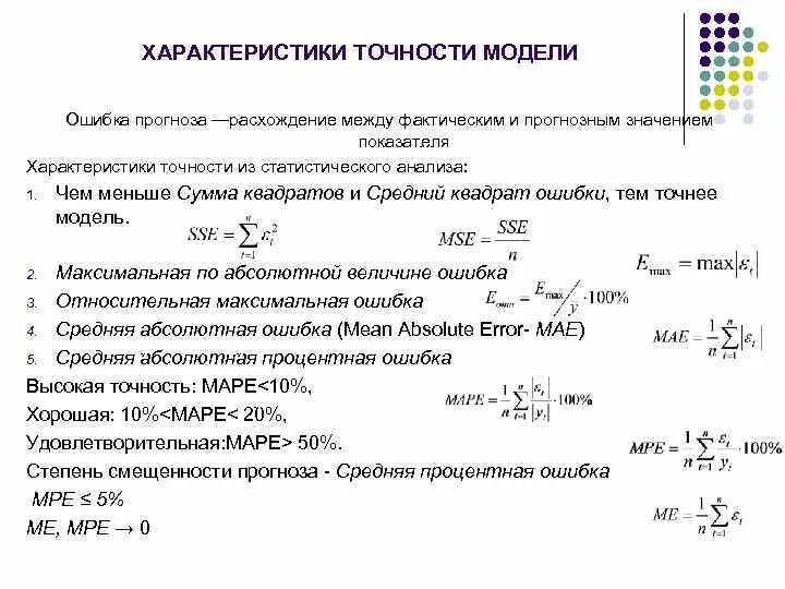 Характеристики точности. Погрешность модели. Точность прогнозирования. Характеристики точности модели временного ряда.