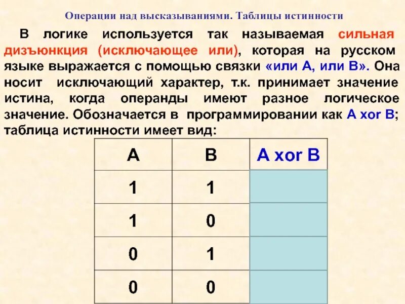 Операции над высказываниями таблицы истинности. Таблица истинности дизъюнкции. Таблица истинности логических высказываний. Таблица истинности для операции исключающее или. Операция измена читать