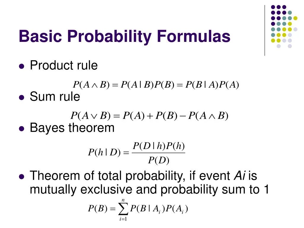 Product rule. Probability Formulas. Total probability Formula. Binomial probability Formula. Full probability Formula.