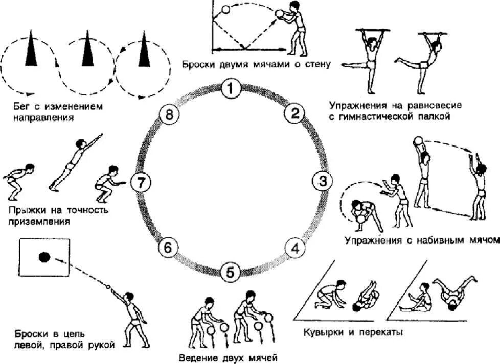 Комплекс упражнений для воспитания координационных способностей. Комплекс упражнений на развитие координации. Упражнения для развития координационных способностей в гимнастике. Комплекс круговой тренировки на развитие выносливости.