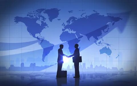 Business Man Shake Hand Silhouettes City World Map Global Trade.