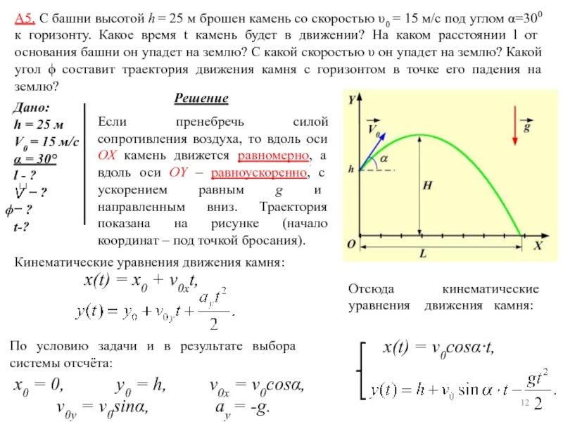 Задачи с сопротивлением воздуха. Скорость падения тела брошенного под углом к горизонту. Камень брошенный под углом к горизонту. Уравнение движения камня брошенного под углом. Движение тела брошенного под углом к горизонту.