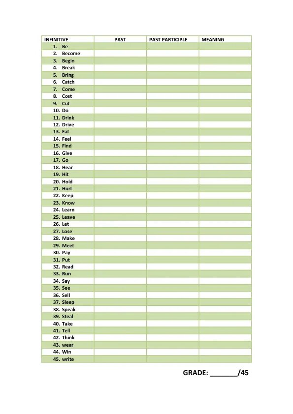 Irregular verbs test. Irregular verbs test