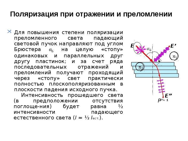 Степень поляризации падающего света. Поляризация света при отражении и преломлении. Поляризация света при преломлении. Наблюдение поляризации света при отражении. Поляризация отношений