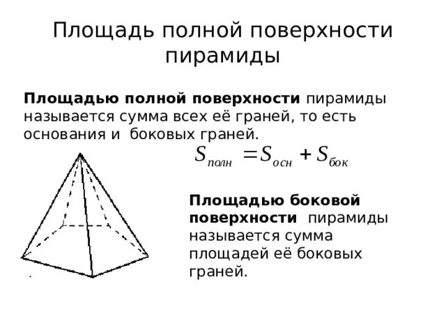 Как найти площадь боковой грани пирамиды. Формула полной поверхности пирамиды. Формула боковой и полной поверхности пирамиды. Площадь поверхности правильной треугольной пирамиды формула. Формула вычисления боковой поверхности правильной пирамиды.