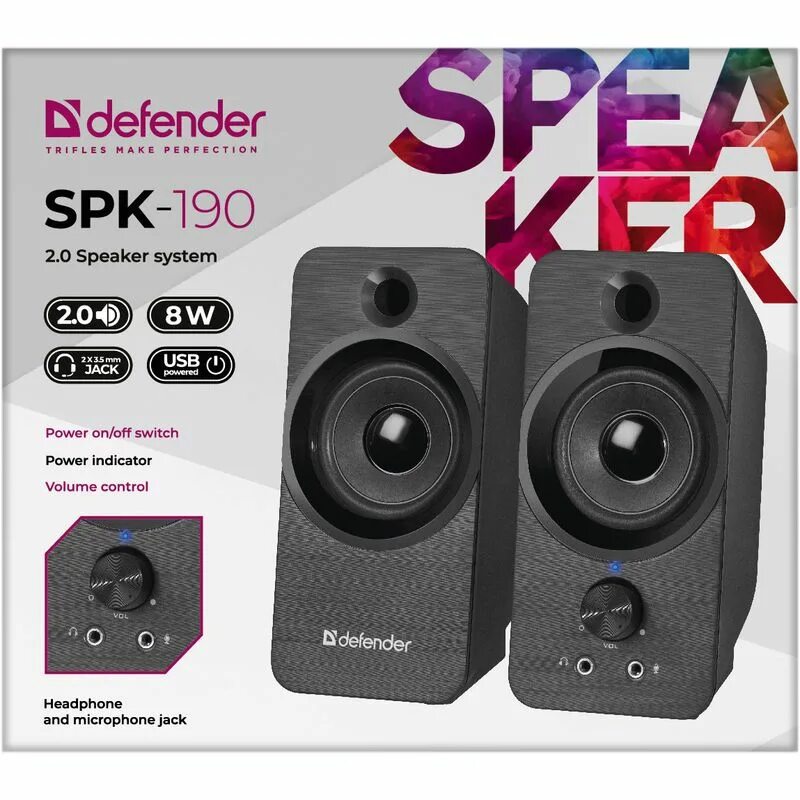 Колонки 2.0 Defender SPK-190. Акустическая система Defender 2.0 SPK-190 черный, 8 Вт, питание от USB (1/24). Компьютерная акустика Defender SPK-190. Акустика Defender SPK-190 (65190). Defender spk 190