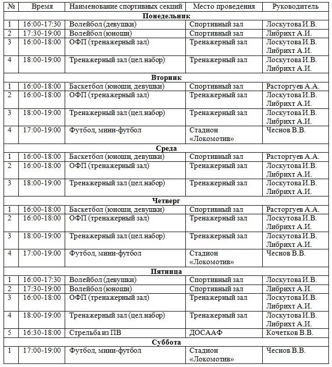 расписание работы клубов