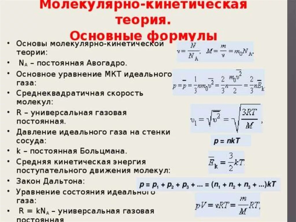 Формулы по физике тема давление. Основное уравнение МКТ газа 4 формулы для давления идеального газа. Основные уравнения МКТ физика 10 класс формулы. Основное уравнение МКТ формула физика 10 класс. Формула основного идеального газа МКТ.