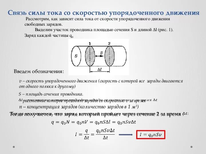 Связь силы тока со скоростью движения частиц. Сила тока вывод формулы. Связь силы тока со скоростью направленного движения частиц. Зависимость силы тока от скорости движения электронов.