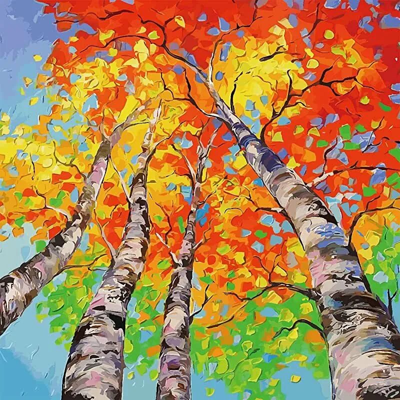 Снизу картины. Осенний пейзаж гуашью. Осенний пейзаж для детей. Правополушарное рисование осень. Осеннее дерево живопись.