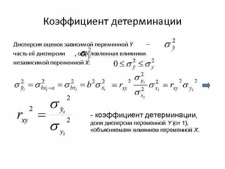 Коэффициент объясненной дисперсии. Линейный коэффициент детерминации формула. выборочный коэффициент детерминации. коэффициент детерминации r2. параметр коэффициента детерминации.
