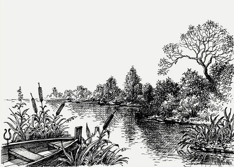 Графический пейзаж. Берег реки графика. Река набросок. Наброски пейзажа. Природа карандашом.